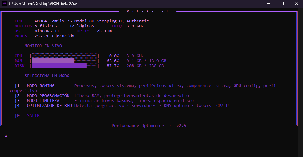 Panel de VEXEL mostrando monitor de CPU, RAM y modos de optimización